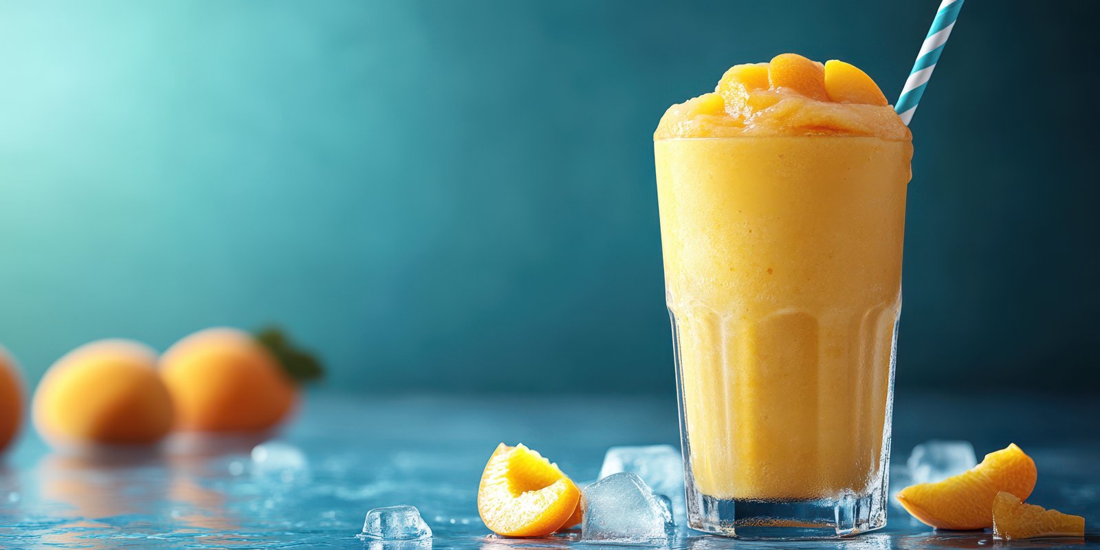 Refreshing mango smoothie with ice served in a tall glass against a vibrant background